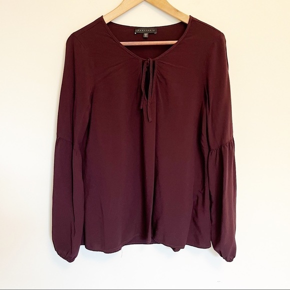 Sanctuary Deep Maroon Tie Neck Boho Blouse Puff Sleeve Medium - Picture 1 of 8